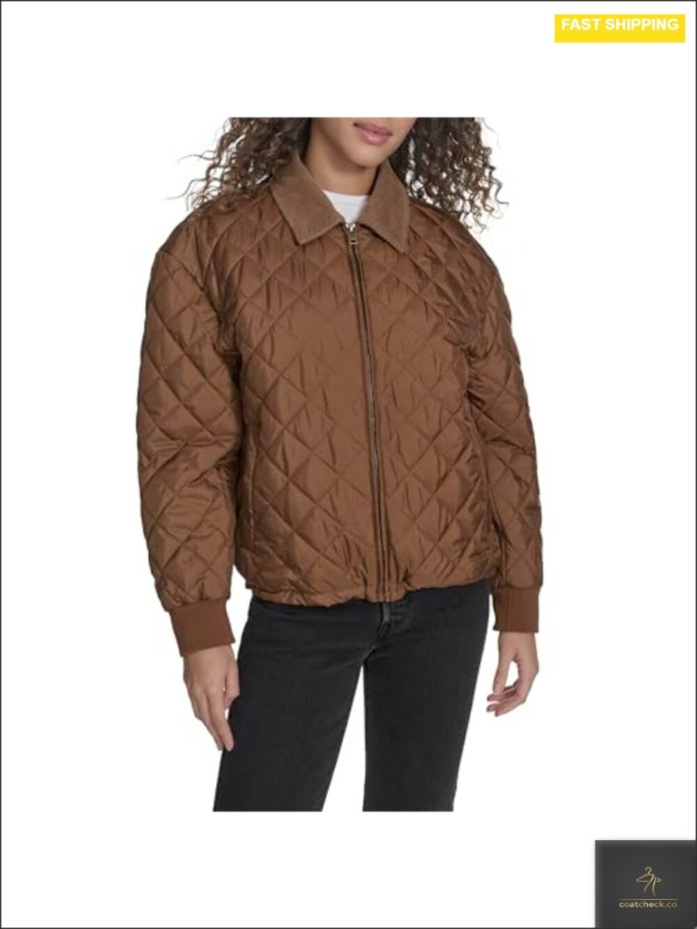 Women's Diamond Quilted Lightweight Jacket Corduroy Collar Full Zip Polyester